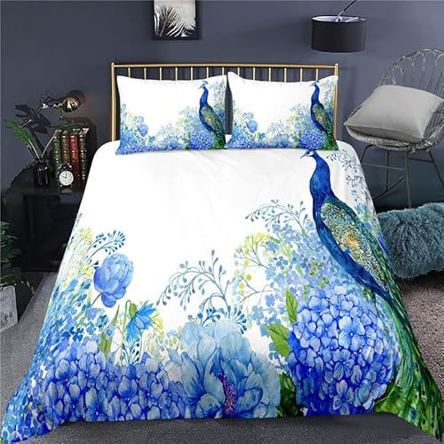 Syhi Mdse Bettwäsche 200x220 Blau Bettbezug Set 3 Teilig - Weiche Microfaser Bettdeckenbezug und 2 Kopfkissenbezüge 80x80, Pfau Bettwäsche-Sets mit Reißverschluss