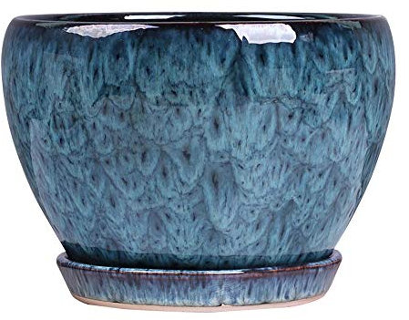 DSHUB Europäische extra große Blumentöpfe für den Außenbereich, DIY, kreativ, Clivia-Keramik-Pflanzgefäß, Pfauenblau, großes Zuhause im chinesischen Stil, grüne Chlorophytum-Topfpflanze (Größe: S)