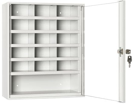 LEOMAR Schlüsselschrank, Schlüsselkasten, für Schlüssel & Kleine Dokumente, Schlüsselbox aus Stahlblech mit Glastüren, mit 16 Fächern, Organizer zur Wandbefestigung, Abschließbar, 14 x 35 x 45 cm