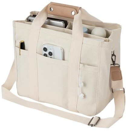 Extolove Bolsa de lona con múltiples bolsillos para mujer, bolsa cruzada de gran capacidad, bolsa de mano para mamá con compartimentos, Beige, M, Bolso tote