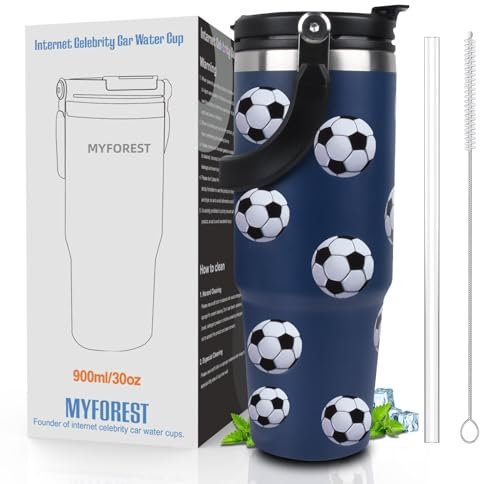 MYFOREST Thermobecher 900ml, Kaffeebecher zum Mitnehmen mit Strohhalm, doppelwandig Edelstahl vakuumisoliert, 2-in-1 auslaufsicherer Deckel für kalten kohlensäurehaltigen