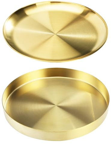 Swavitie 2 Piezas Bandeja Dorada Redonda de Acero Inoxidable 20cm 2 Estilos Bandeja Redonda Decorativa Bandeja para Velas Platos Redondos Organizador de Bandeja para Cocina Comedor Camping Fiesta
