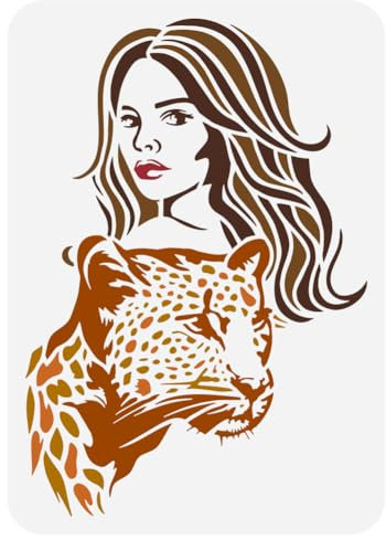 FINGERINSPIRE Frau Und Leopard Malen Große Schablone 21x29.7 cm Schöne Und Das Biest Sprühen Große Schablone Wiederverwendbare Mädchen Und Tier Vorlage PET Ausgehöhlte Dekorative Vorlage Für Wand DIY