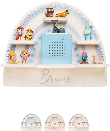 wunderwunsch® - Personalisiertes Tonie Regal für Kinderzimmer - Magnetisches Toniebox Regal für Toniebox & Figuren mit abgerundeten Ecken & Kanten (Regenbogen blau)