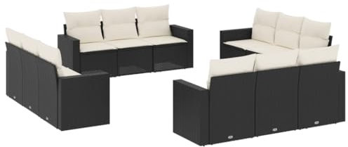 vidaXL 12-TLG. Garten-Sofagarnitur mit Kissen Schwarz Poly Rattan