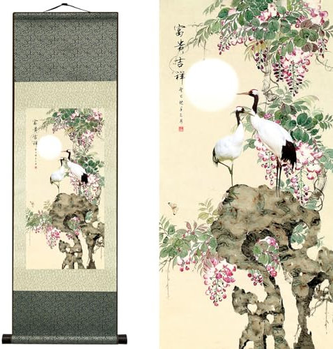 Newscz Schlafzimmerbilder für Wandkunst, Wandgemälde, Seidenschnörkelkunst, Gemälde, Sarus-Kranich-Poster, Wandteppich, Schlafzimmer, Leinwand, asiatische Hausdekoration für Wohnzimmer,