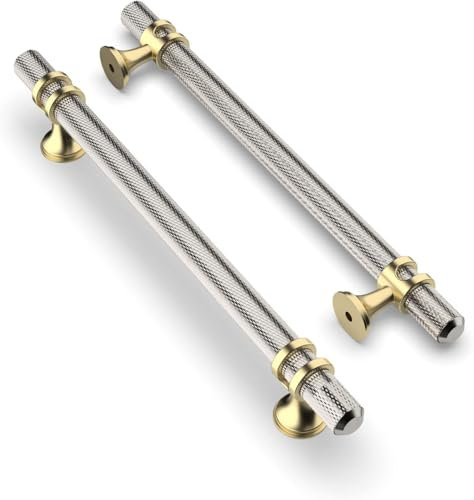 Coinkoly 10 Pack Brushed Satin Nickel and Gold Cabinet Pulls 160MM Hole Centers Kitchen Cabinet Handles Knurled Drawer Pulls Kitchen Cupboard Handles UK0002