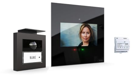 m-e Video-Türsprechanlage RFID anthrazit/schwarz | Aluminium Außenstation für 1-Familienhaus | 7“ Design-Innenstation flach | Türklingel mit Kamera | Freisprechanlage Video Einfamilienhaus 4-Draht