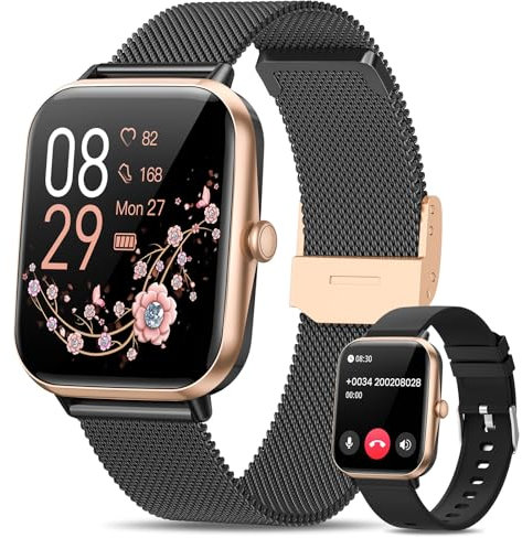 RUXINGX 2024 Smartwatch Damen, 1,83 HD Armbanduhr mit Telefonfunktion Menstruationszyklus Herzfrequenz Schlafmonitor SpO2 IP68 Sportuhr Fitness Tracker Schrittzähler für iOS Android Roségold Schwarz