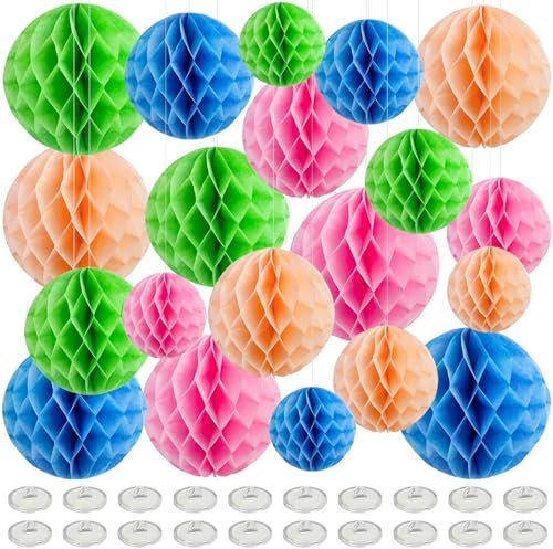 GZqiancang 20 bolas de panal de abeja coloridas, decoración con 25 ganchos autoadhesivos para el techo para bodas, baby shower, fiestas, cumpleaños (5/10/15/20/25 cm)
