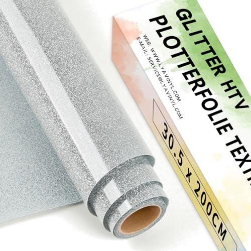 Lya Vinyl Glitzer Plotterfolie Textil, 30,5 cm x 200 cm Silber Flexfolie Plotter Textil für Cricut, Silhouette Cameo, Transferfolie zum Aufbügeln für DIY Stoffe und Shirt Plotter zubehör