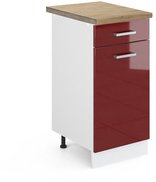 Vicco Küchenunterschrank R-Line, Bordeaux Hochglanz/Weiß, 40 cm, AP Eiche