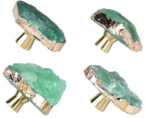 FZBHRO Pomos de piedra de fluorita verde para cajones, pomos de cristal morado, tiradores chapados en oro, tiradores decorativos para el hogar, oficina, paquete de 4