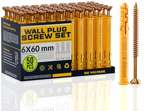 DC VOLTAGE 50 Pcs Wall Plugs and Screws Set 6mm x 60mm Concrete Fixings Screws and Wall Expansion Anchors Plugs Kit Wall Hanging Mounting TV Mount Drywall Self Tapping Screw Wall Plug