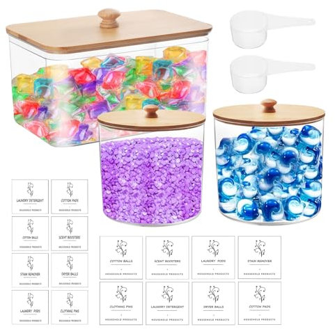 3 dosificadores dispensadores de detergente para lavadora, recipiente para detergente en polvo con 2 cucharas y 16 etiquetas impermeables, recipiente detergente lavadora reutilizable, accesorios de