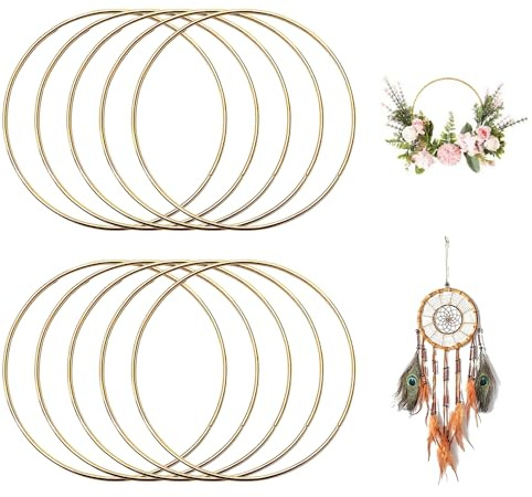 GIDWRIY 10 anelli decorativi in metallo per fai da te, anelli di filo da 15 cm, acchiappasogni, anelli macramè, anelli di ferro, anelli decorativi, da appendere – oro