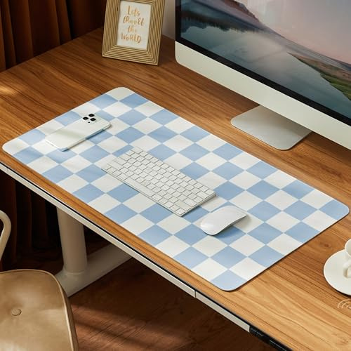 Ohocut Karierte Schreibtischunterlage, 80 x 39,9 cm, groß, niedlich, himmelblau, ästhetisches Retro-Zubehör, PU-Leder, Computer-Laptop, Maus, Tastatur-Pad, Schreibtisch-Make-up-Matte für Schminktisch