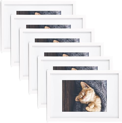 bomoe 6x Bilderrahmen Fotorahmen Collage aus Holz mit Passepartout | 13x18cm Weiß Kunststoffglas Metall-Aufhängung Multirahmen Set für Foto Picture Photo Frame Bilderwand Wanddeko Rahmen Galeria
