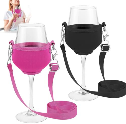 Foreverup 2 Stück Weinglashalter zum Umhängen, Tragbare Weinglas-Halshalter, Festival Wine Glass Holder, Halterung zum Umhängen für Weinliebhaber Hochzeit(Rosenrot und Schwarz)