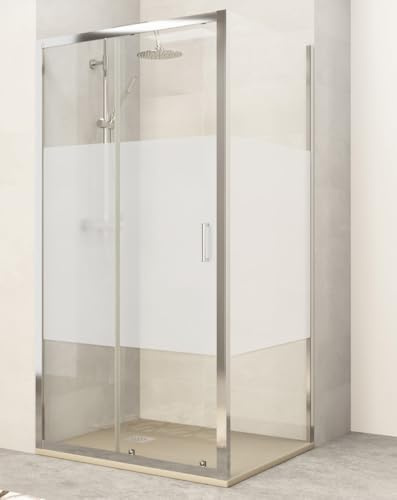 Paroi de Douche Rectangulaire Frontale Coulissante 1 Porte 2 Panneaux Fixes | Verre 5 mm Anti-calcaire Sérigraphie | Profil Chrome 140 cm (Adaptable 138,7-142,7) x 90 cm