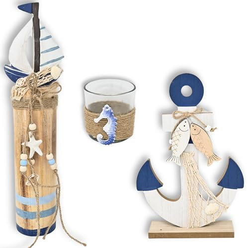 damaloo 3X Maritimes Deko Set – Set aus Holz Anker, Teelichthalter & Holzsäule mit Segelboot – Badezimmer Deko – Segelschiff - Nautische Küstenstil Dekoration – Strandhaus Wohnaccessoires