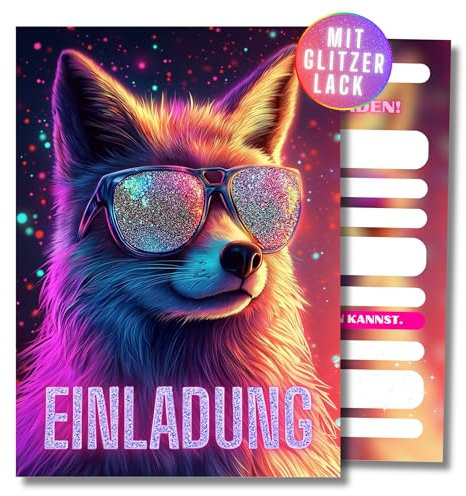 HIDEBLOOM GLITZER Fuchs Einladungskarten Kindergeburtstag Mädchen - 12 Stück - DIN A6 (10,5 cm x 14,8 cm) - Einladung Kindergeburtstag - Geburtstagseinladungen Mädchen Fuchs mit Sonnenbrille