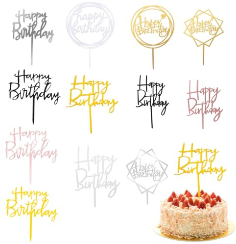 GHPKOTW 12 Stück Cake Topper, Happy Birthday Tortendeko, Geburtstag Cake Topper, Acryl Tortendeko, Kuchendeko Geburtstag, Kuchen Deko, Cupcake Topper, Torten Deko, Kuchen Topper