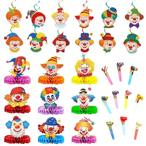 Clown Tischdeko Karneval 31er Set Wabenbälle Clown Deko Karneval Hängedeko Spiral Wirbel Girlanden 3D Karneval Tischdekoration für Zirkus Party Faschingsdeko