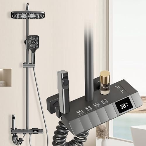 Regendusche System, Duscharmatur Set mit Kupferkern, 30 cm Druckverstärker Regendusche, LED Temperaturanzeige, Klaviertasten Schalter, 3 Modi Handbrause, Wannenauslauf & Reinigungspistole
