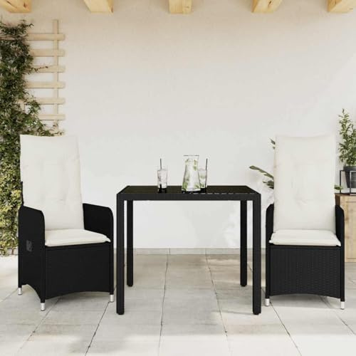 Tonture 3-TLG. Garten-Bistro-Set mit Kissen, Schwarz Poly Rattan, verstellbare Relaxsessel, Glastisch, UV-beständig für Balkon, Terrasse, Außenbereich