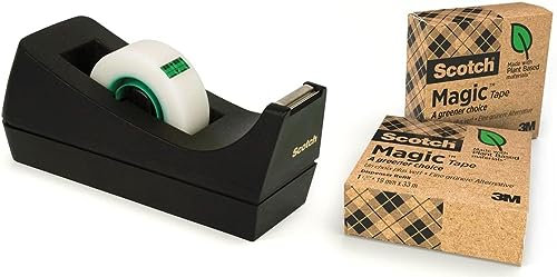 Scotch Abroller, Schwarz inkl. 3 Rollen Scotch Magic Klebeband A Greener Choice - mit Pflanzlichem Klebstoff und 100 % Recyceltem Karton, Nachfüllbarer Klebebandabroller für Schule, Zuhause und Büro