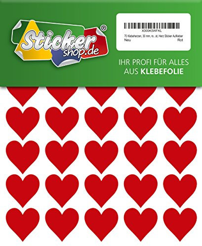 70 Klebeherzen, 30 mm, rot, aus PVC Folie, wetterfest, Herz Sticker Aufkleber