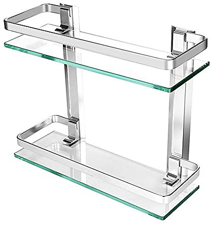 JANTEELGO 2-Tier Bathroom Shelves, Shower Caddy Bath Basket Storage Shelf, Thick Tempered Glass Aluminum Wall Mounted Bathroom Shelf Rack Kitchen Storage Shelf (2-Tier)