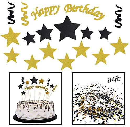Allazone Handgemachte Schwarze und Gold Glitter Stern Kuchen Dekoration, 1 Packung Kuchen Bunting Cake Topper, 1 Packung für Konfetti Party Dekoration