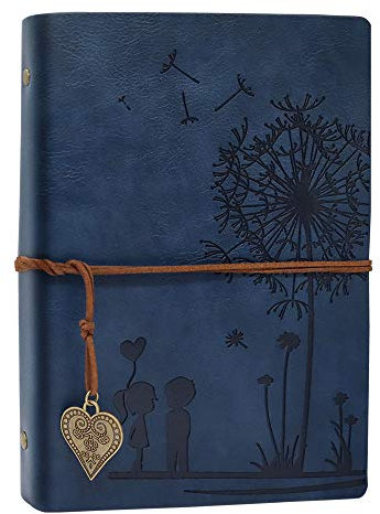 A5 Notizbuch Nachfüllbar Blau Vintage PU Leder Notebooks Reise journal Gelbe Leere Papier Tagebuch für Zeichnen Skizzieren 100 GSM 100 Blatt Romantische Geschenke für Frauen Blau