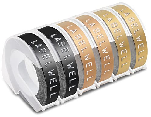 Labelwell 6x 9mm x 3m Kompatibel 3D Prägeband Ersatz für Dynmo Vinyl-Prägeetiketten Selbstklebend für Dynmo Omega Etikettenprägegerät Junior Prägegerät E-303 E-101, Schwarz/Gold/Champagnergold