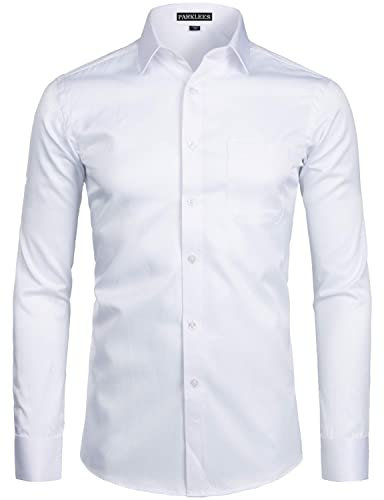 PARKLEES Mens Solid Twill Classic Fit Shirt Business Slim Fit Long Sleeve Dress Shirt with Pocket White S