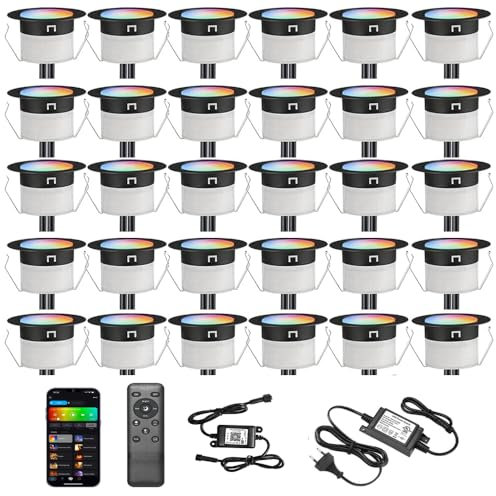 GEYUEYA Home WIFI Spot LED Encastrable Extérieur RGBW Ø45MM 12V RGB/Blanc chaud Contrôleur Étanche IP67 LED Lumières de terrasse pour Patio Path Steps de jardin avec télécommande - 30 packs