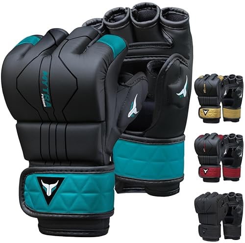 Mytra Fusion MMA Handschuhe mit offener belüfteter Handfläche MMA Sparring Handschuhe Kickboxen, Grappling, Training, Cage Fighting Mixed Martial Arts Handschuhe (L, Black/Turquoise)