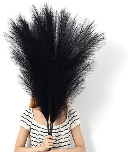 LinTimes 4 PCs Large Artificial Pampas Grass, 45 Inch Black Fake Pampas Grass Soft Fluffy Dried Flowers Decor for Tall Floor Vases Decoration Rustic Wedding Arrangement Boho Home Decor