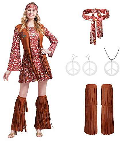 Churgigi Damen Hippie Kostüm 70er Jahre 60er Jahre Party Outfit mit Fransenweste, Beinstulpen, Stirnband, Peace-Zeichen-Ohrringe & Halskette für Cosplay, Halloween, Karneval & Mottopartys