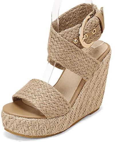 Diuniarza Damen Espadrille mit Absatz, Sandalen Offene Zeh Leisure Keilabsatz Party Schuhe mit Plateau Schnalle Criss Cross Strap, 15174Xpy Aprikose Gr 39 EU