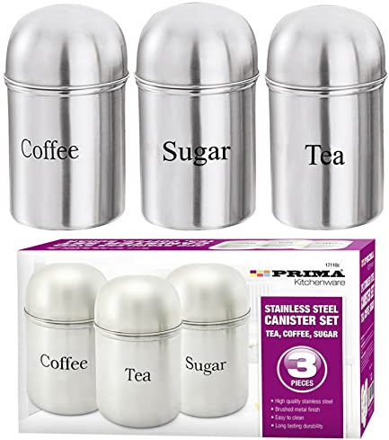 Nti 3 Pc PRIMA Stainless Steel Containers Storage SET | Tea | Coffee | Sugar | Home | Kitchen | Office | Sweet | RETRO Canister With Lid | Dining Bar | Food Organiser | S/S | UK FREE P&P