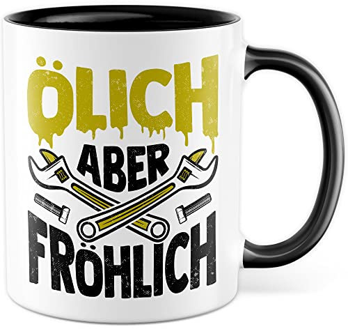 Tasse Mechatroniker Geschenk, Ölich aber Fröhlich Geschenkidee KFZ-Mechatroniker Kaffee-Becher Kaffeetasse Tasse mit Spruch lustig Mechaniker Schrauber Teetasse (Weiß/Schwarz)