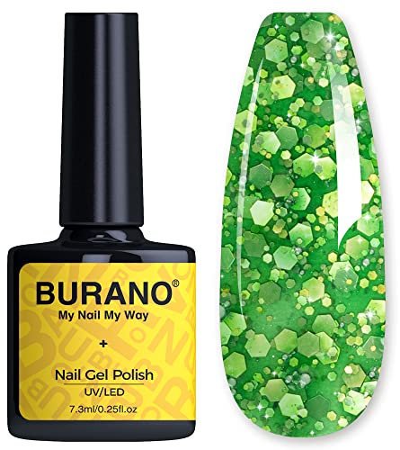 BURANO Glitter Gel Nail Polish, LED UV Nail Gel Shimmer Holographic Effect Soak off Curing Required Green LP8