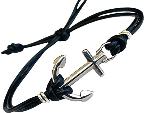 BeGenuine Store Mens Anchor Bracelet Adjustable Leather Cord Nautical Jewelry Silver Charm Faith Hope Bracelet Handmade Gift for Him Husband Boyfriend Dad