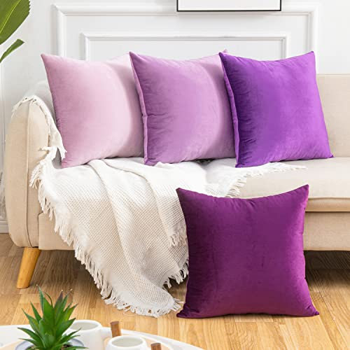 Yonous Violett Gradient Farbe Combo Set Kissenbezüge, Premium-Samt weiches Quadrat dekorative werfen Wurfkissenbezug für Sofa Bett Couch Stuhl, 4er Set, 16 x 16 Inch / 40x40 cm