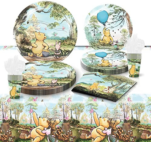 Pooh Geburtstagsdekorationen, 20 Teller, 20 Servietten und 1 Tischdecke für Pooh Bear Geburtstagsparty, 41 Stück