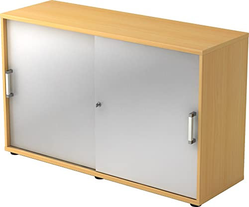 bümö Schiebetürenschrank 2OH - Aktenschrank abschließbar, Sideboard Schrank mit Schiebetüren in Buche/Silber - Büroschrank aus Holz mit Schiebetür, Büro Kommode für Ordner & Co.