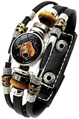 JEDTAKCT 12 Sternzeichen-Armbänder – Leuchtende 12 Sternbild-Armbänder Für Damen, Modische Sternzeichen-Charms, Krebs, Zwillinge, Löwe, Schwarzes Lederarmband, Geburtstagsgeschenke, Stier, 17,5/20 cm